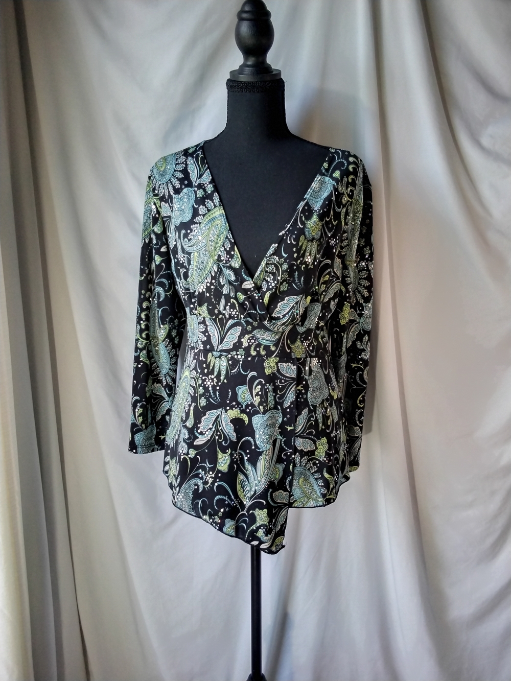 Susan Lawrence Black Paisley Wrap-Style Blouse with Green and Blue Accents